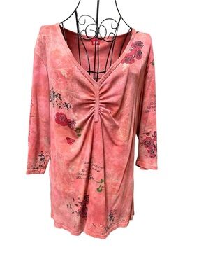 Glima Pink Floral Ruched V-Neck Top 2X